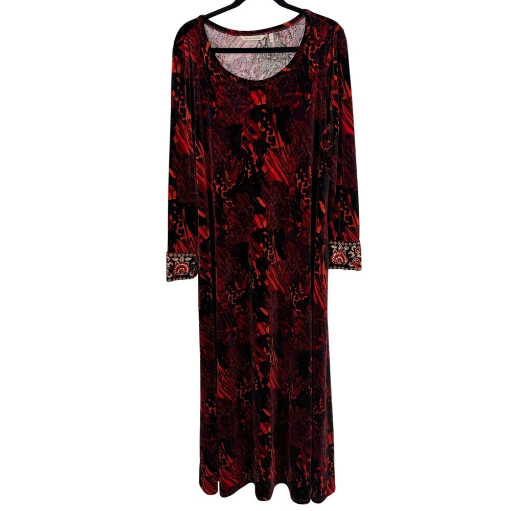 Soft Surroundings Santiago Velvet Maxi Dress Beaded Cuff Red Black Abstract L - Picture 2 of 8